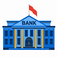 Flat 2D vector illustration of a classical-style bank building in shades of blue, featuring golden pillars, a prominent arched entrance, the word "BANK" on the pediment, and a red flag flying on top.