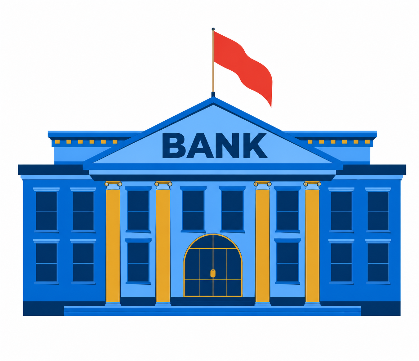 This image is a flat graphic illustration of a bank building. Designed with a blue facade, it features a classical architectural style with a triangular pediment labeled "BANK." The structure includes four prominent golden columns, a central arched doorway, dark rectangular windows, and a flowing red flag atop the roof.