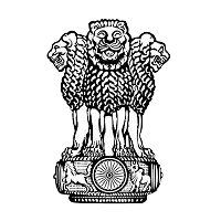 Black and white vector line art of the State Emblem of India, depicting the Lion Capital of Ashoka with three visible lions above the Dharma Chakra wheel, horse, and bull.