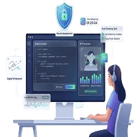 Flat vector illustration of a woman wearing headphones taking an online coding assessment on a computer with AI proctoring, a timer, and security shields displayed.